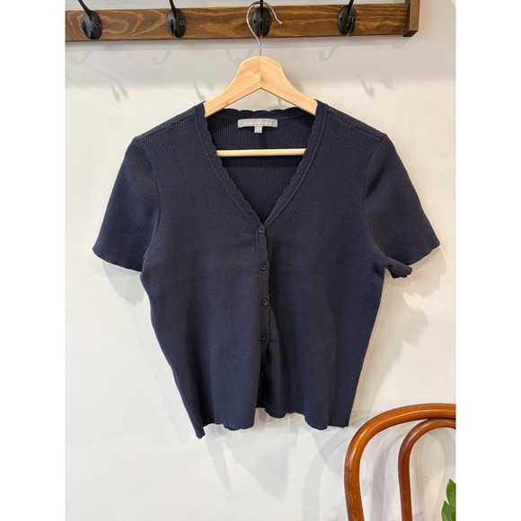 Daniel Rainn Sweaters - Daniel Rainn Navy Blue Ribbed Scalloped V-Neck Short Sleeve Cardigan